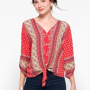 West Kei Red Boho Tie-Front Blouse with Multicolor Border Print
